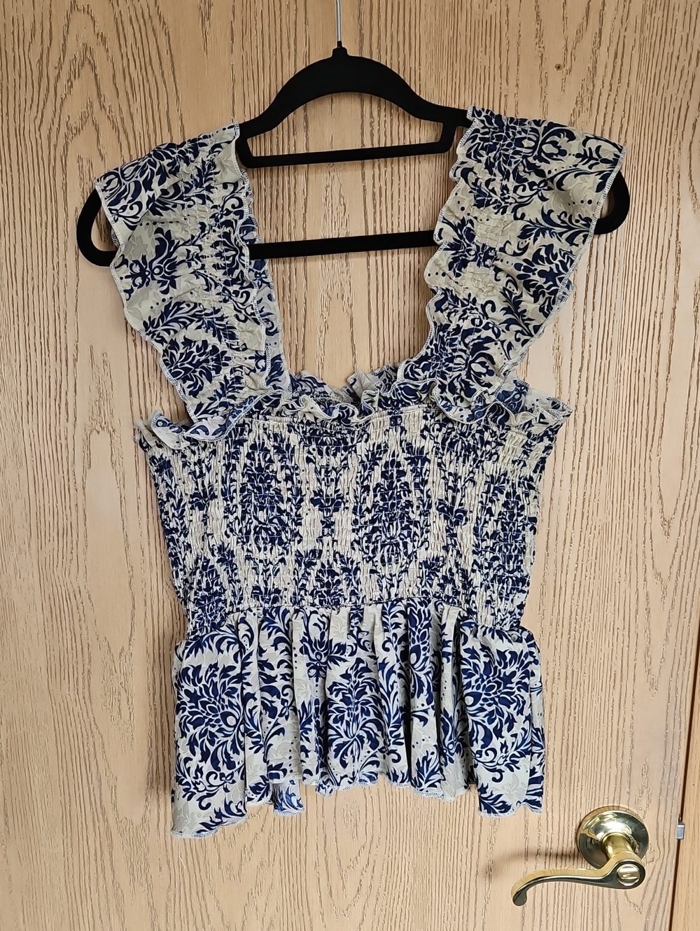 Emery Rose Smocked Ruffle Sleeve Blue Floral Women’s Top